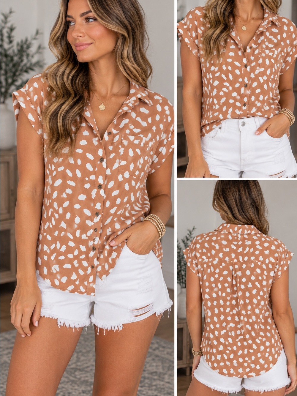 Umgee Tan And Rust Causal Button-Front Cap Sleeve Blouse with Cream Spot Print L